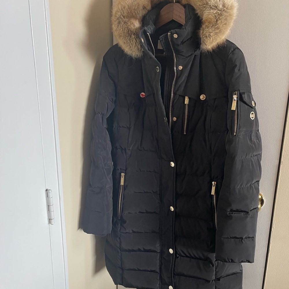 Women's Black Puffer Coat with Fur Hood